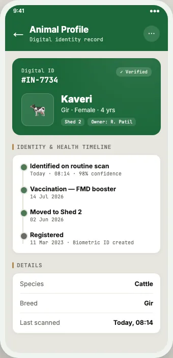 Digital ID profile screen from the animal identification system